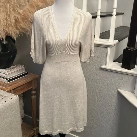 EXPRESS Ivory Shimmer Sweater Puff Sleeve Dress Size Small - Picture 1 of 7